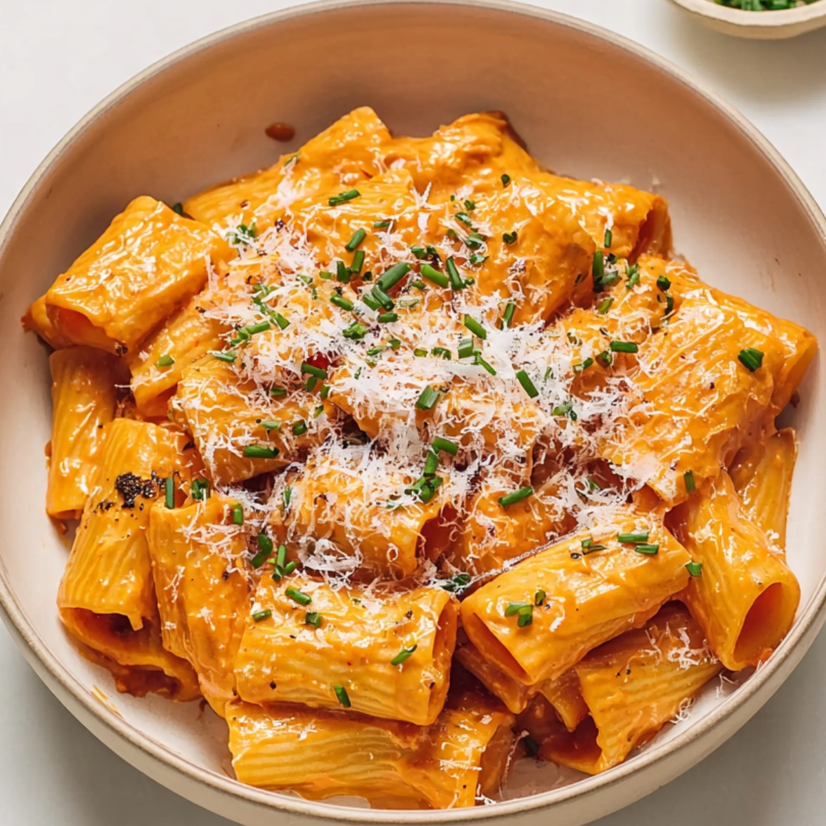 gochujang pasta Top-down view of creamy gochujang rigatoni pasta served in a beige bowl, garnished with grated cheese and green herbs on a light background.