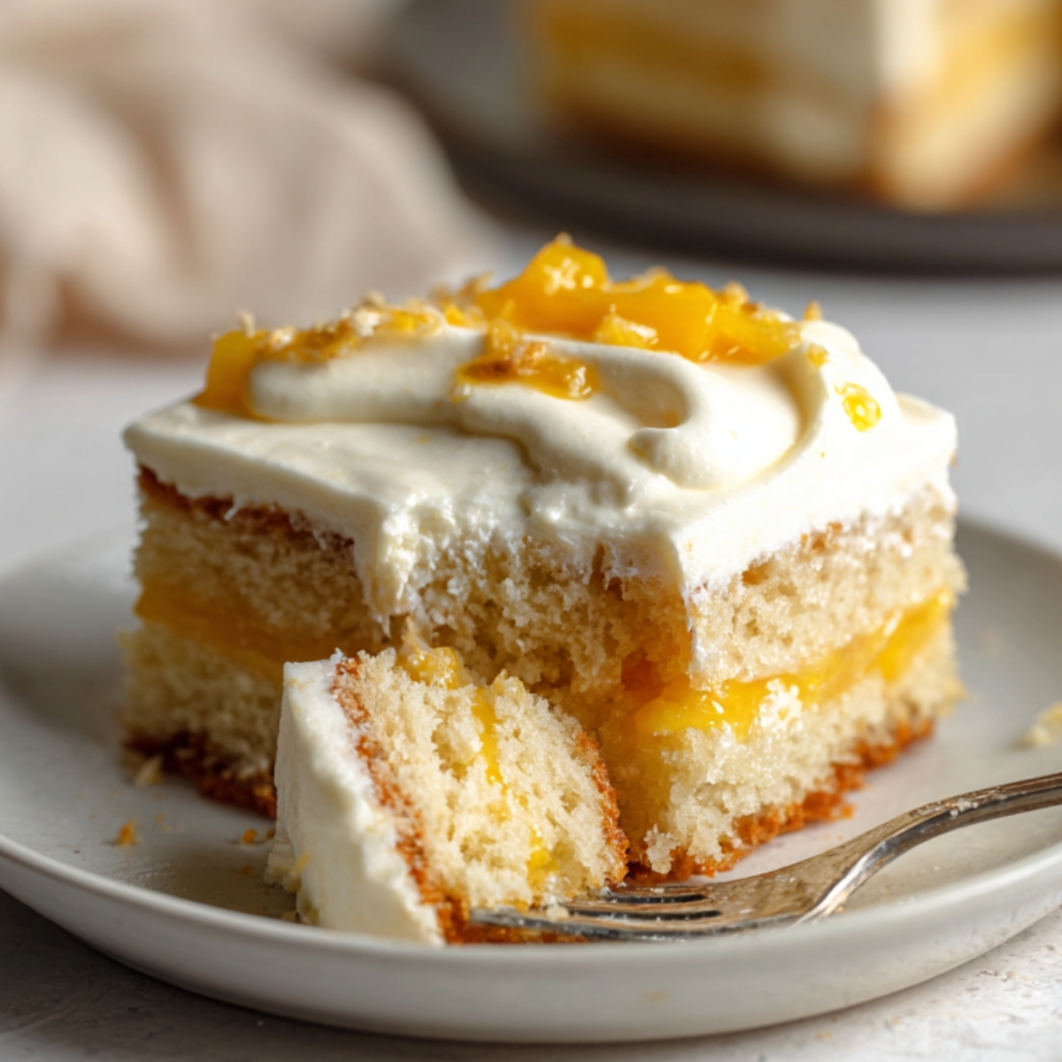 mango tres leches cake slice on a plate with a fork and a bite removed, showing moist sponge and creamy layers.