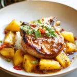pineapple pork chops Pan-seared pork chop glazed with pineapple sauce, served over white rice and garnished with fresh herbs in a shallow bowl.