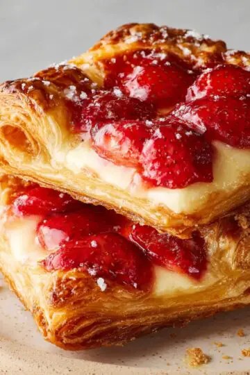 strawberry danishes Stacked baked strawberry danish pastries with flaky golden puff pastry, creamy filling, and glossy strawberry topping.