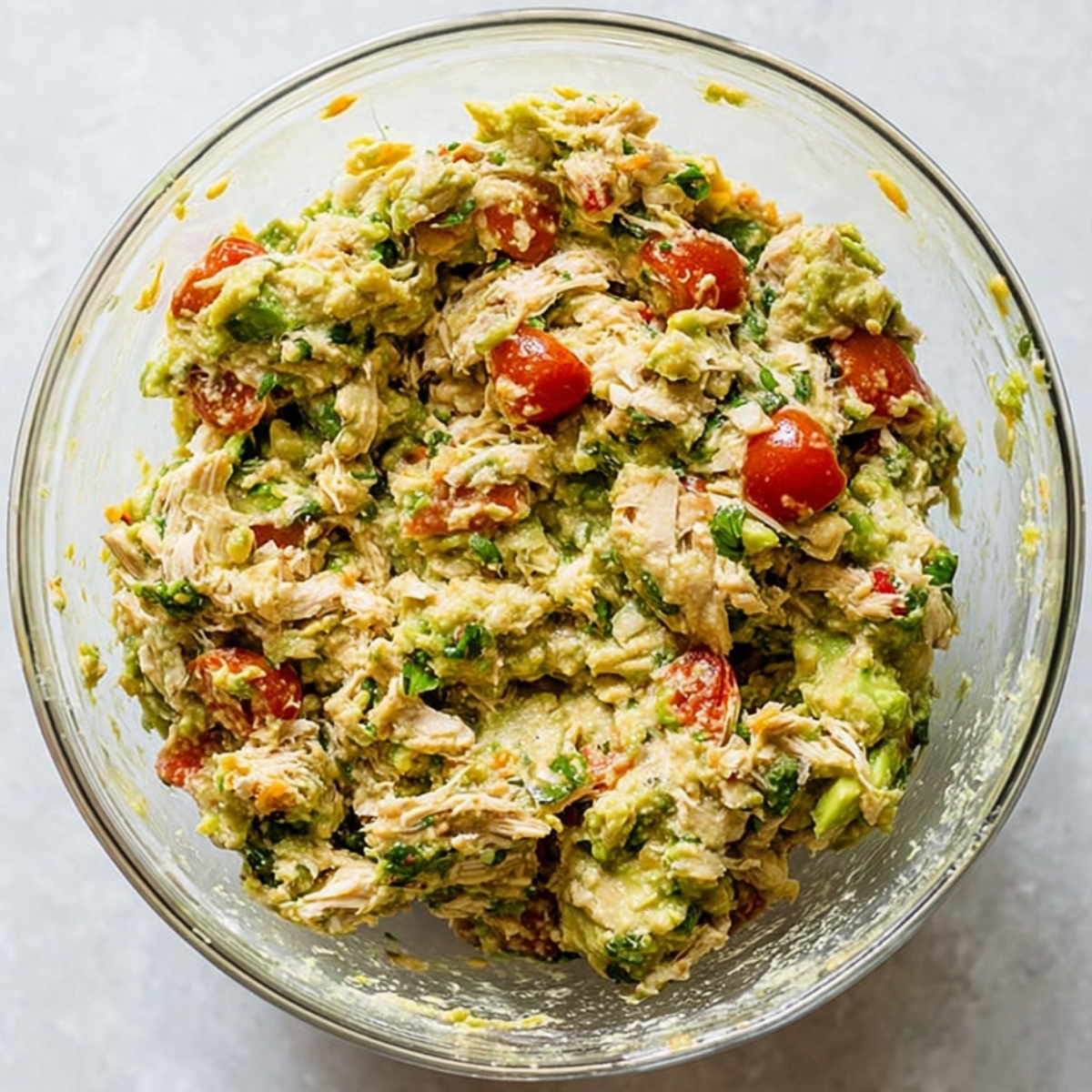Healthy Avocado Chicken Wrap Recipe | 10-Minute Lunch 11 Avocado chicken mixture in a glass bowl with shredded chicken, mashed avocado, cherry tomatoes, and fresh herbs, photographed from an overhead view.