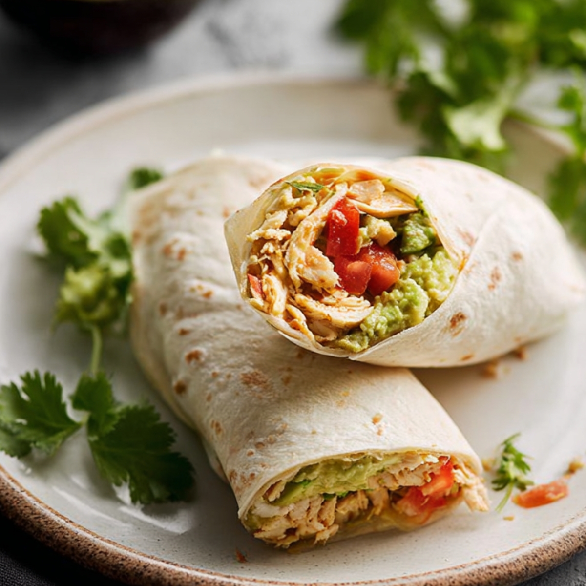Healthy Avocado Chicken Wrap Recipe | 10-Minute Lunch 13 Avocado chicken wraps cut in half and served on a plate, showing shredded chicken, creamy avocado, and tomatoes inside a flour tortilla.