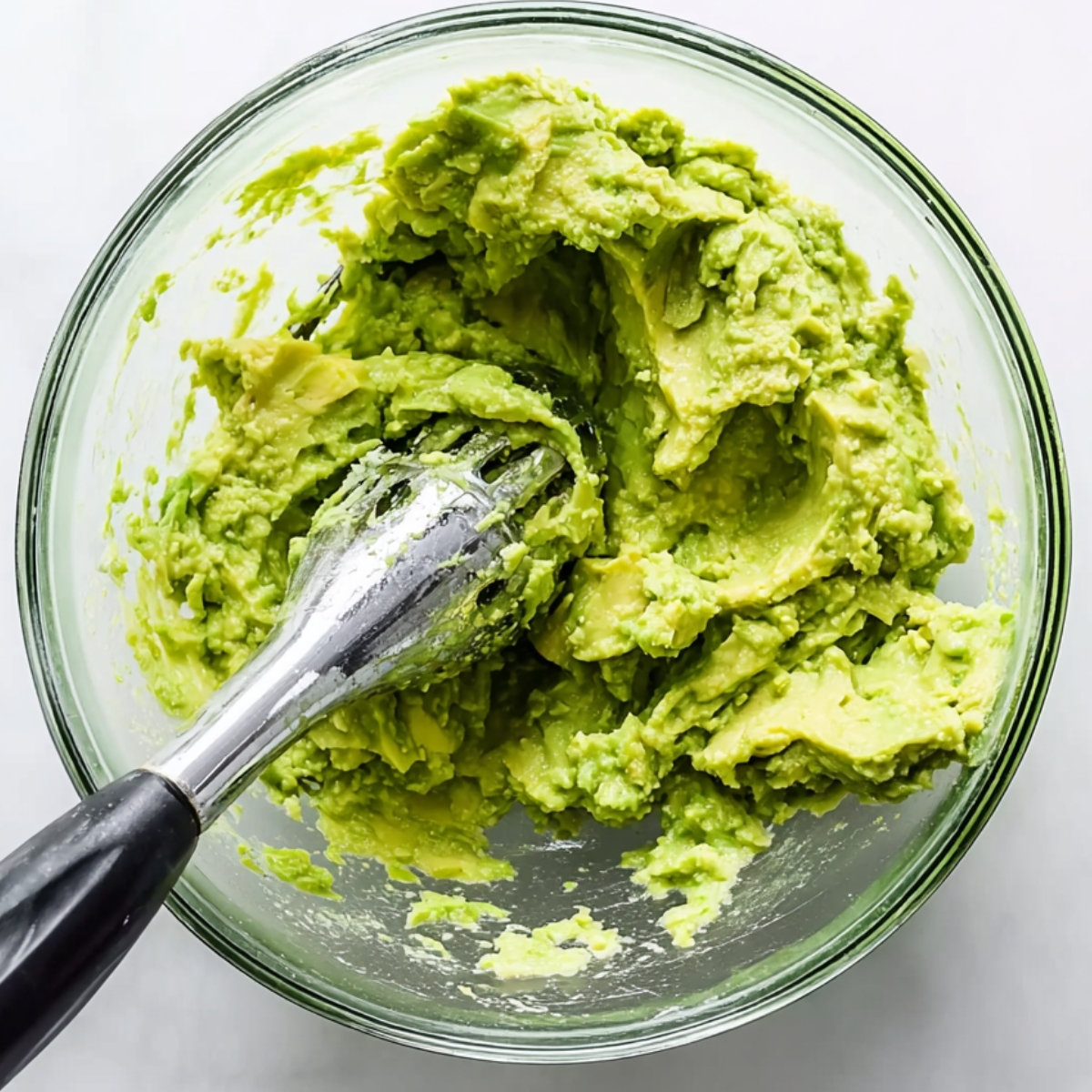 Healthy Avocado Chicken Wrap Recipe | 10-Minute Lunch 10 Fresh mashed avocado in a glass bowl with an avocado masher, photographed from above on a light background.