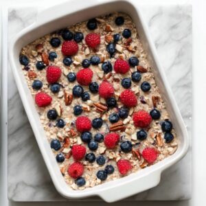 Easy Homemad Baked Oatmeal Recipe 15 Baking dish filled with unbaked oatmeal mixture topped with fresh blueberries, raspberries, and chopped nuts on a marble surface.