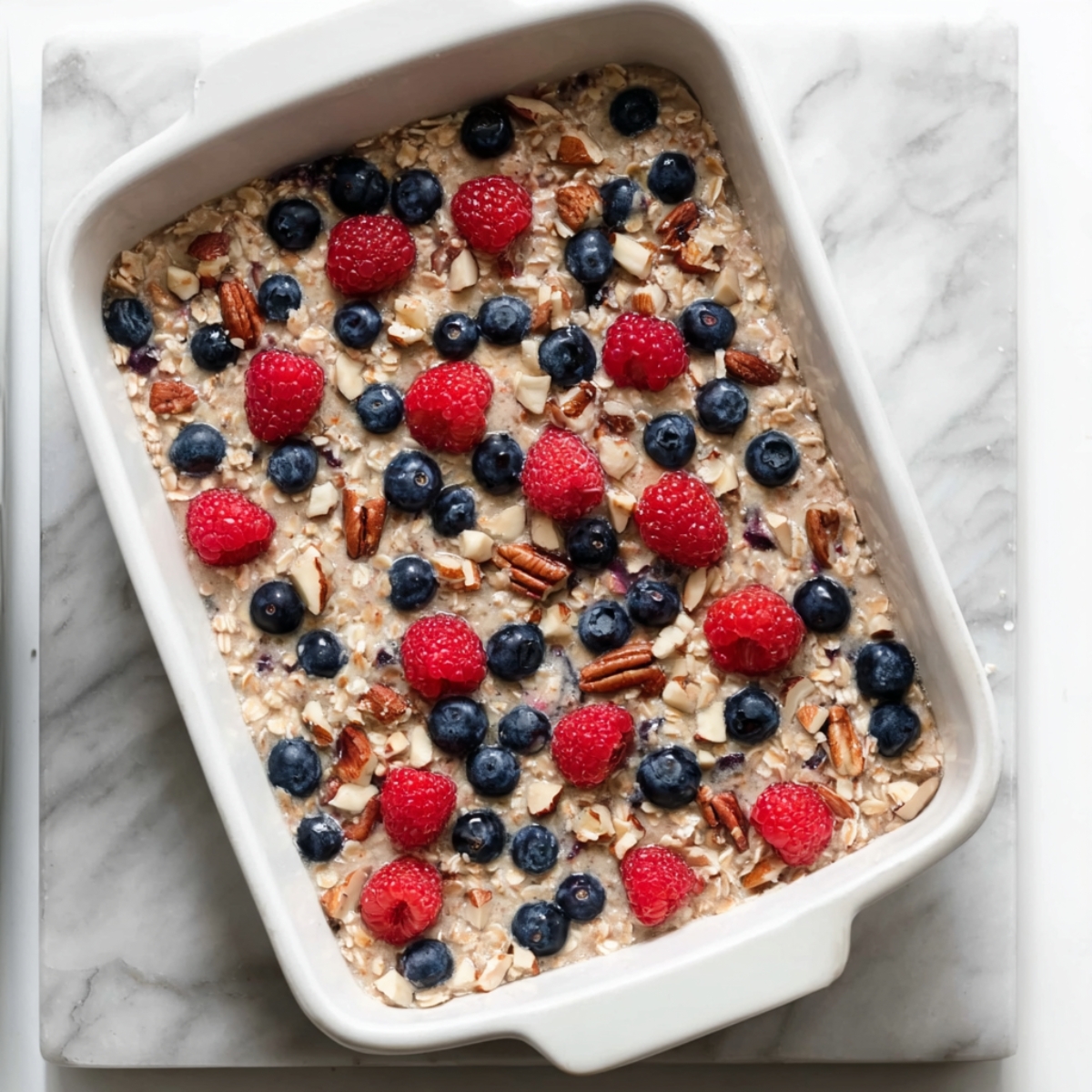 Easy Homemad Baked Oatmeal Recipe 11 Baking dish filled with unbaked oatmeal mixture topped with fresh blueberries, raspberries, and chopped nuts on a marble surface.