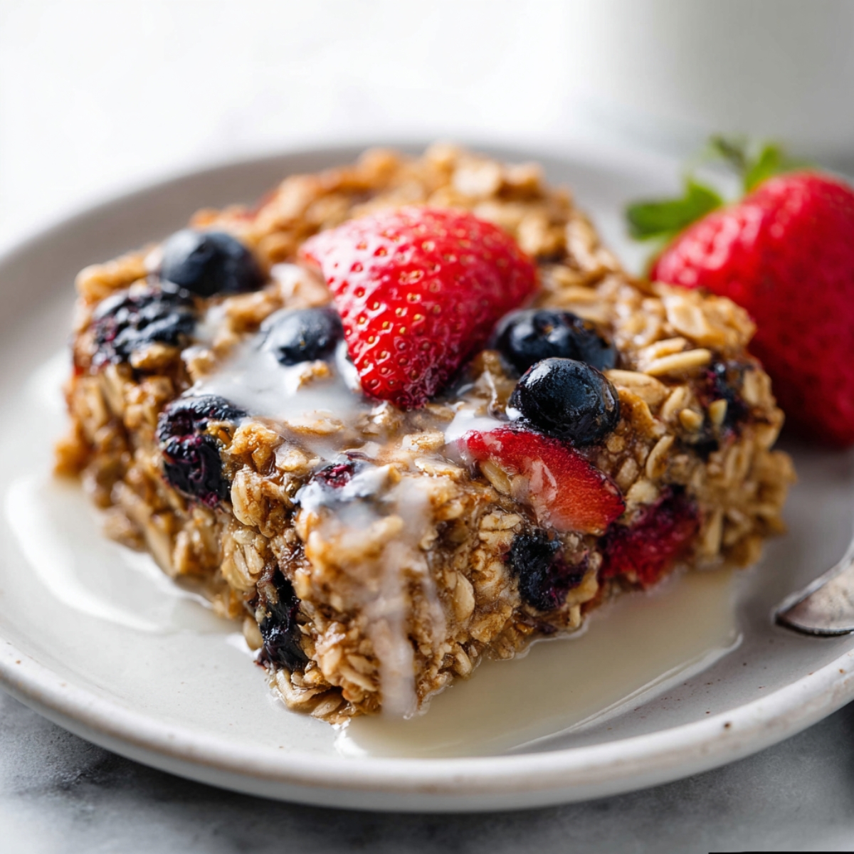 Easy Homemad Baked Oatmeal Recipe 12 Close-up of a slice of berry baked oatmeal drizzled with milk, topped with strawberries and blueberries on a white plate.