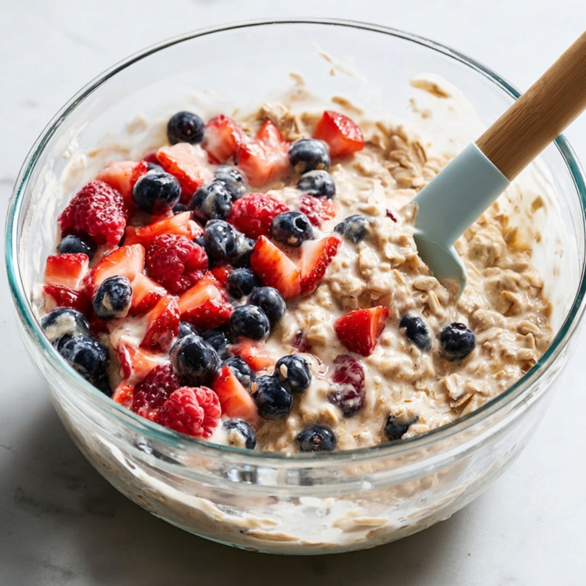 Easy Homemad Baked Oatmeal Recipe 10 Glass bowl of creamy oatmeal batter mixed with strawberries, blueberries, and raspberries, stirred with a silicone spatula.