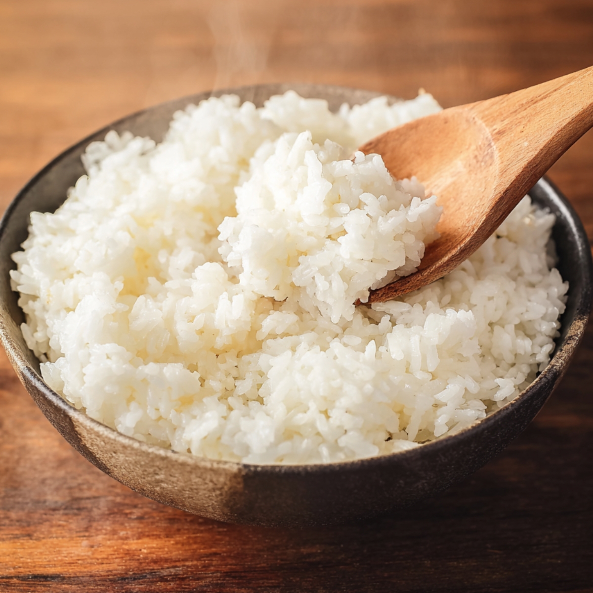 Easy Baked Salmon Sushi Cups | 30-Minute Recipe 10 Bowl of freshly cooked sushi rice with a wooden spoon, fluffy white rice on a rustic wooden surface, ready for sushi recipes