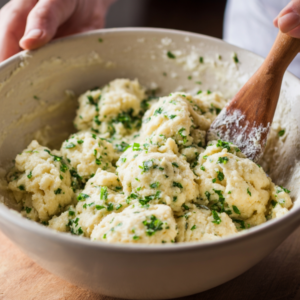 Easy Bisquick Chicken And Dumplings Recipe 11 A mixing bowl filled with Bisquick dumpling batter mixed with chopped fresh parsley, being stirred with a wooden spoon to form soft, scoopable dough.