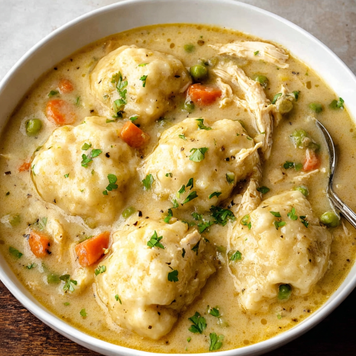 Easy Bisquick Chicken And Dumplings Recipe 13 A comforting bowl of chicken and dumplings with thick broth, soft dumplings, shredded chicken, peas, carrots, and a sprinkle of fresh parsley on top.