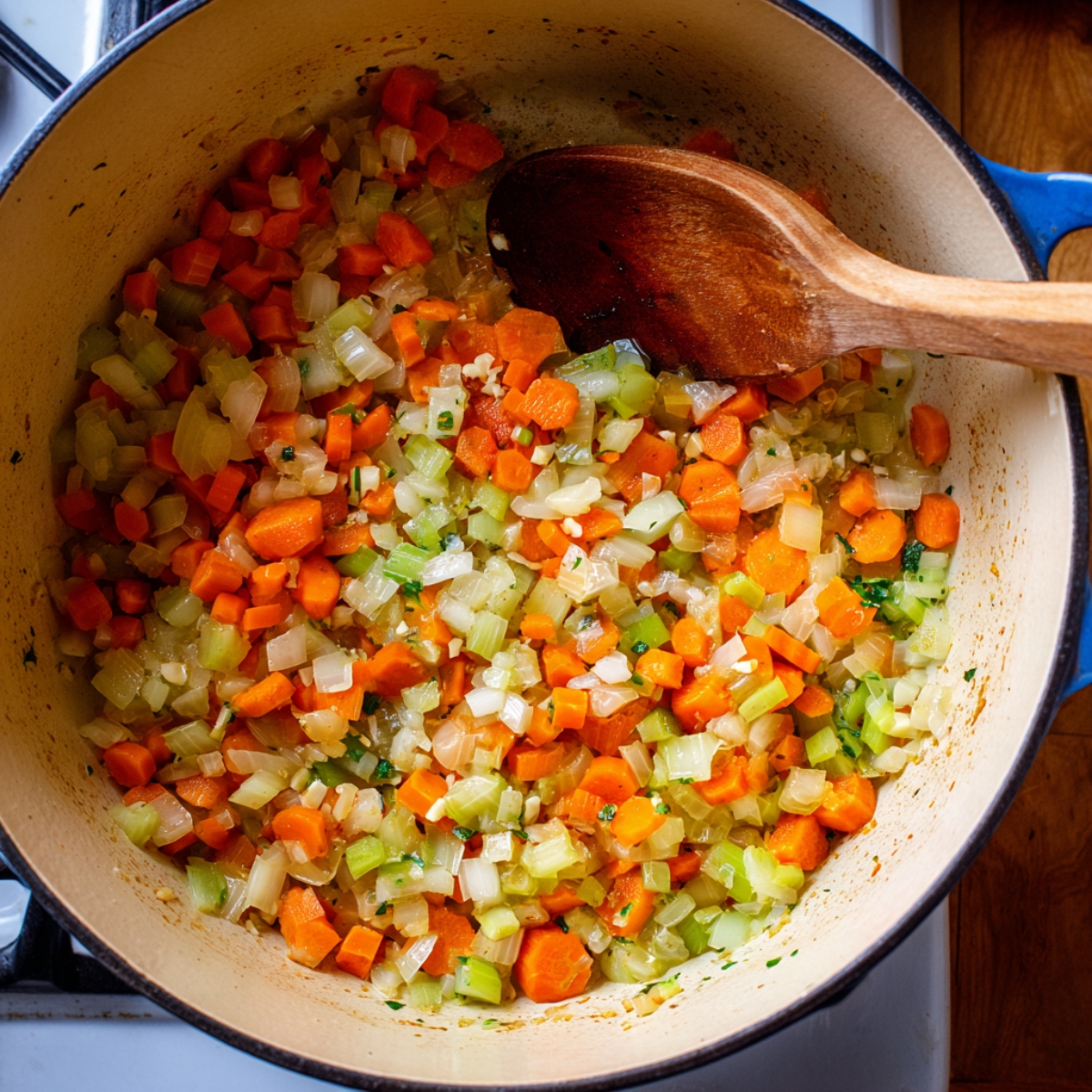 Easy Bisquick Chicken And Dumplings Recipe 10 Onions, carrots, and celery sautéing in a Dutch oven, forming a classic mirepoix base for chicken and dumplings, with a wooden spoon resting on the side.