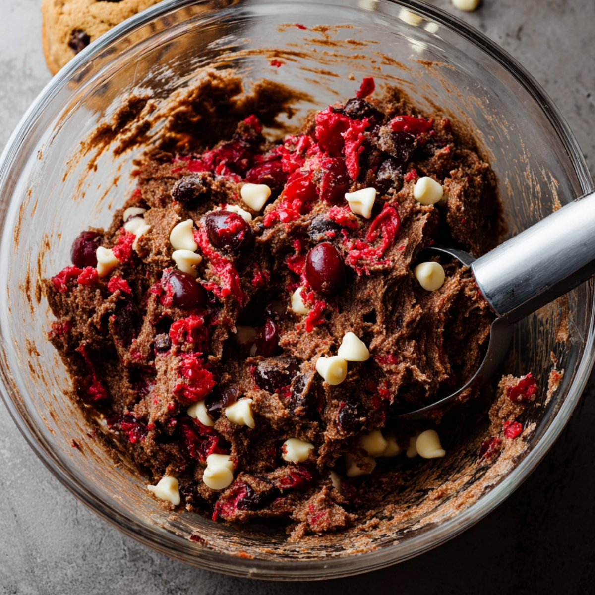 Black Forest Cookies Recipe | Easy Chocolate Cherry 11 A close-up of black forest cookie dough with chopped cherries and white chocolate chips mixed in, with a cookie scoop visible beside the bowl.