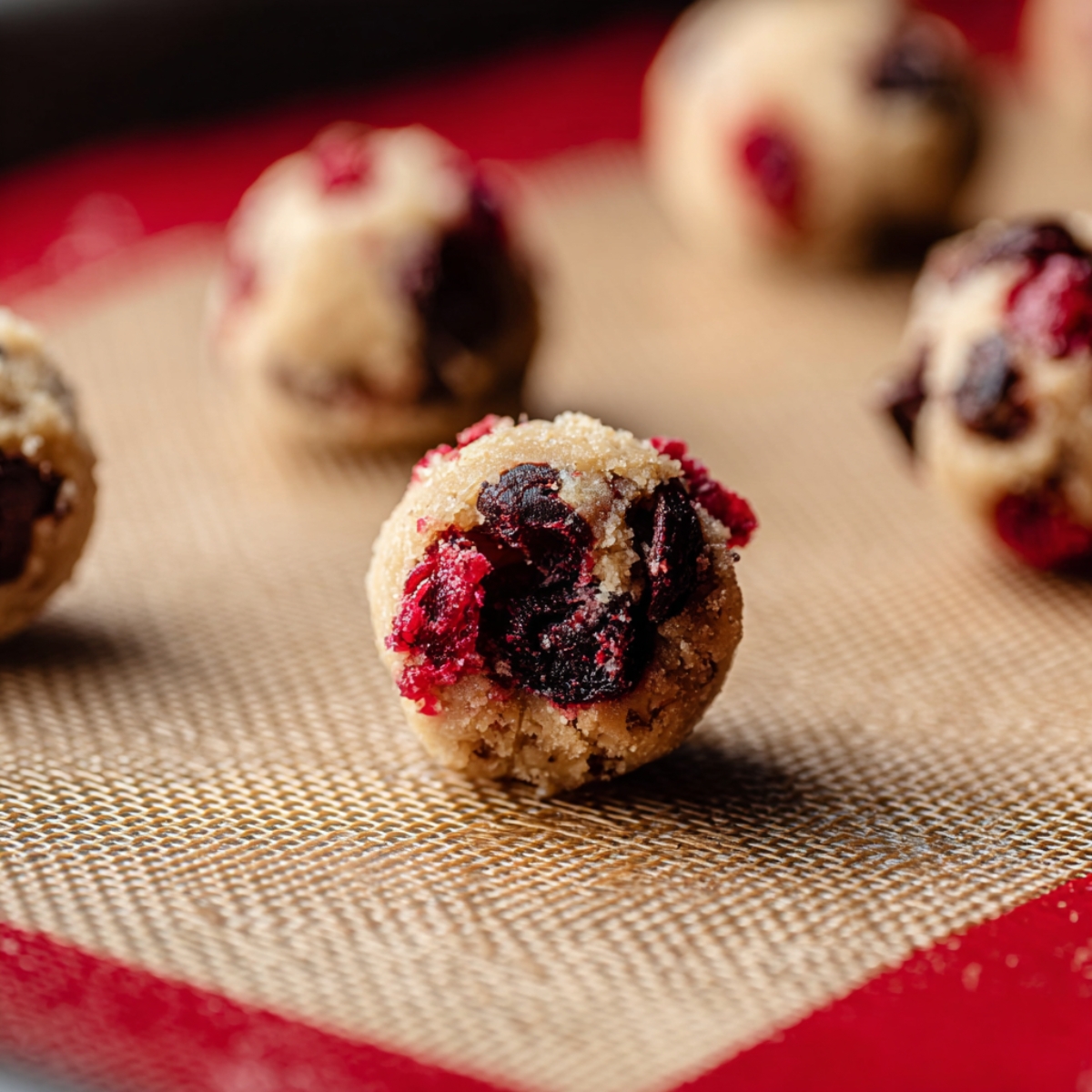 Black Forest Cookies Recipe | Easy Chocolate Cherry 12 Cookie dough balls, ready to be baked, containing pieces of cherries and chocolate, placed on a silicone baking mat.