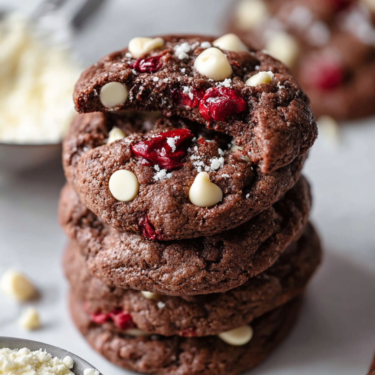 Black Forest Cookies Recipe | Easy Chocolate Cherry 13 A close-up shot of a plate stacked with freshly baked black forest cookies, decorated with red cherries and white chocolate chips