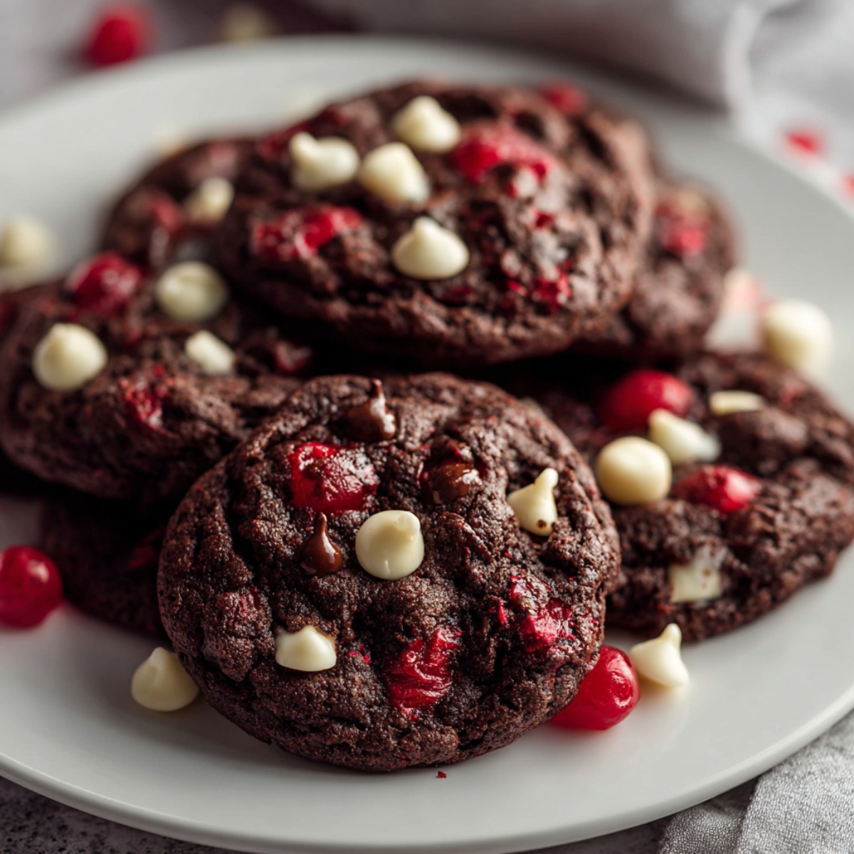 Black Forest Cookies Recipe | Easy Chocolate Cherry 14 A plate filled with freshly baked black forest cookies, topped with red cherries and white chocolate chips, looking soft and delicious