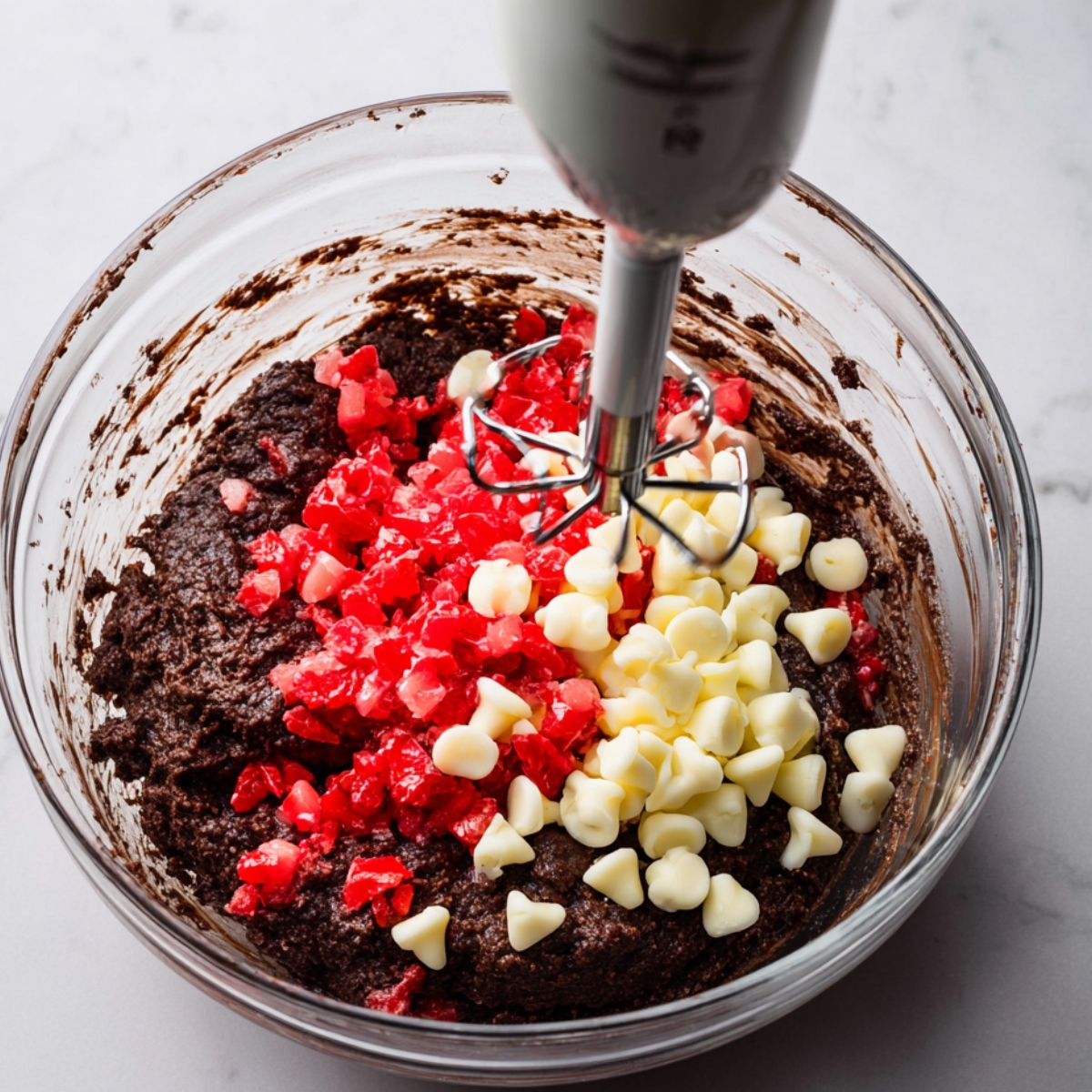 Black Forest Cookies Recipe | Easy Chocolate Cherry 10 A glass mixing bowl with cookie dough in the process of being mixed by an electric hand mixer. The dough contains chopped cherries and white chocolate chips
