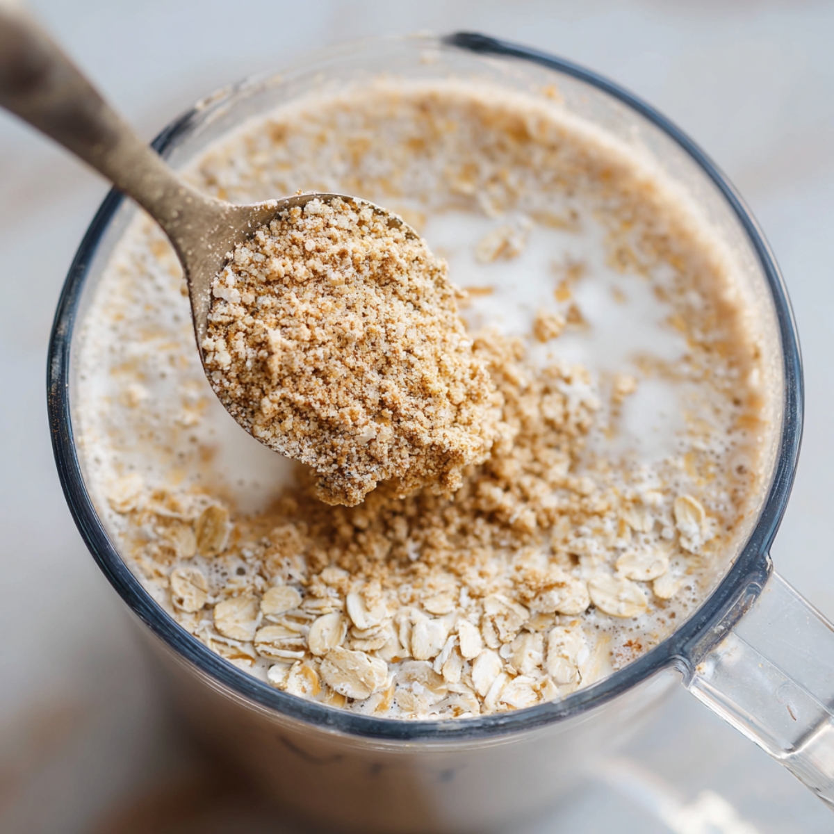 Spoon holding finely blended oat mixture over a glass of milk and rolled oats, showing the texture before blending.