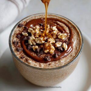 Glass of blended oats topped with chocolate chunks, walnuts, cocoa, and a drizzle of syrup being poured on top.