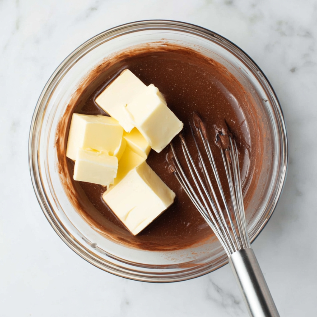 Boston Cream Pie Cookies Recipe | Easy & Delicious 13 “Top-down food photography of melted chocolate in a glass bowl with cubes of butter and a metal whisk, clean white marble surface, minimal baking setup, bright natural lighting”