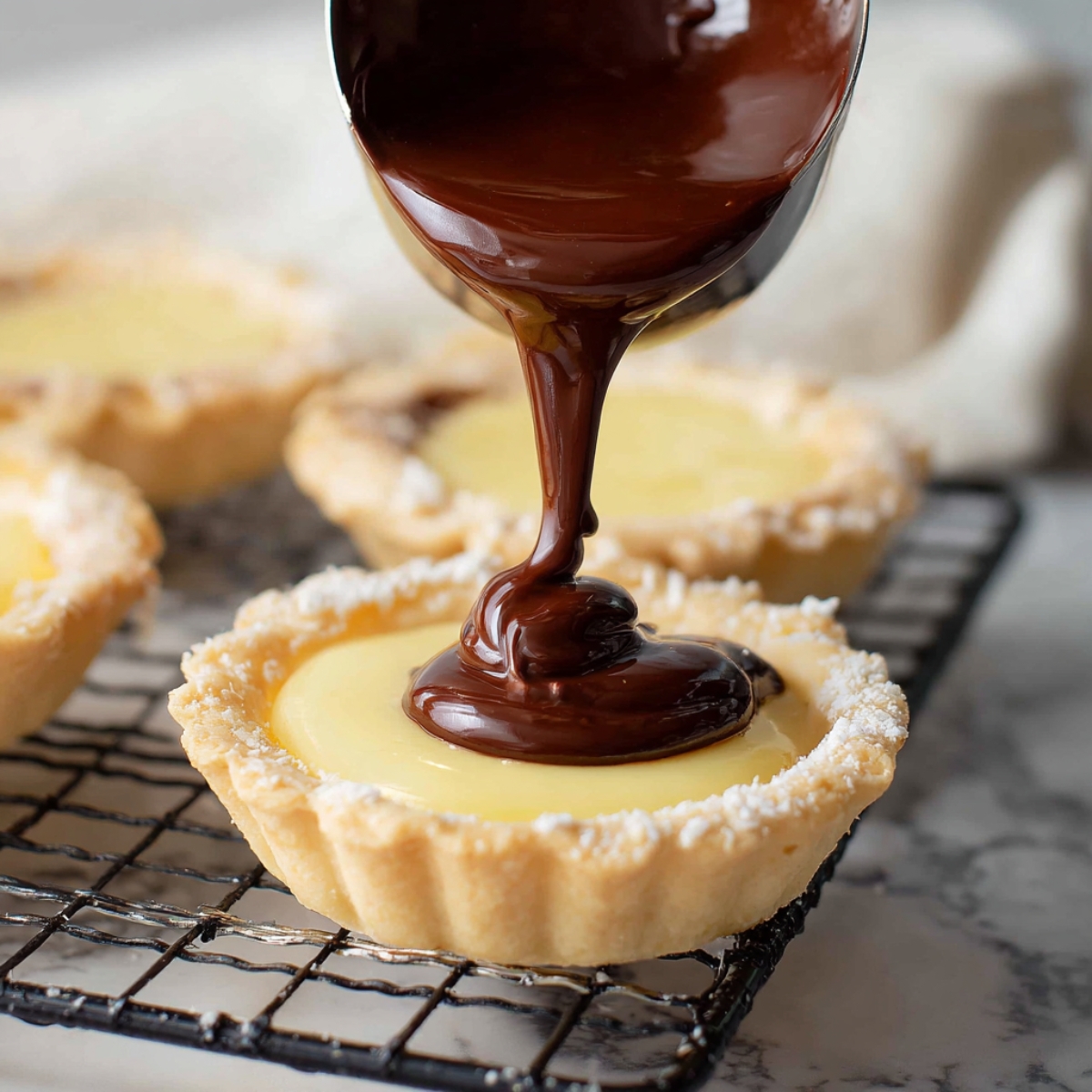 Boston Cream Pie Cookies Recipe | Easy & Delicious 14 “Close-up food photography of rich chocolate ganache being poured from a small ladle onto a vanilla custard-filled cookie tart, cooling rack underneath, soft natural light, marble kitchen background, shallow depth of field”