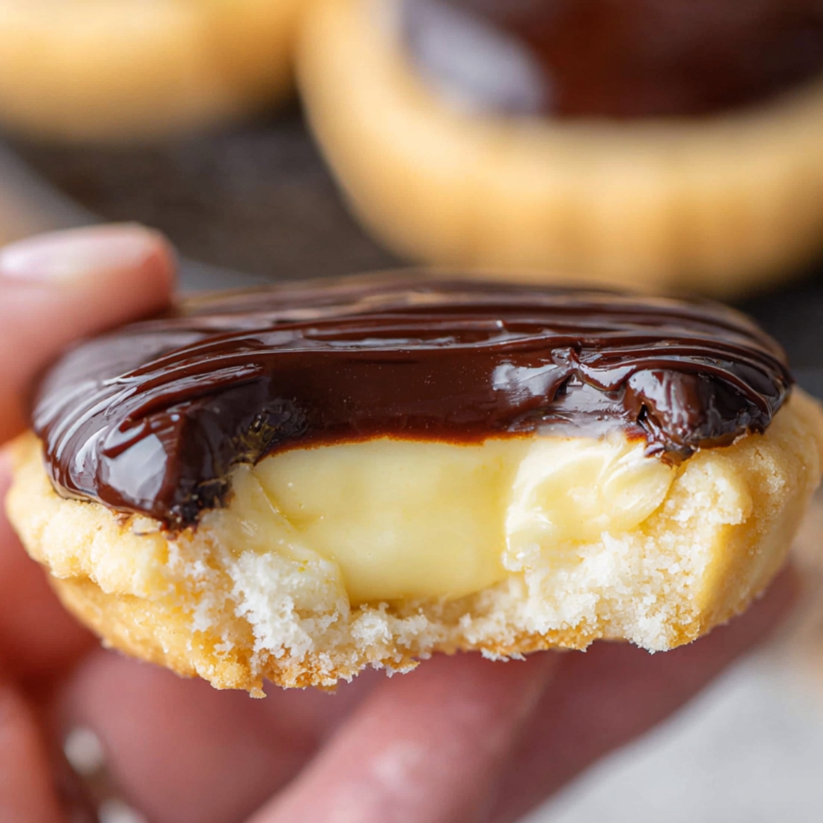 Boston Cream Pie Cookies Recipe | Easy & Delicious 15 “Close-up of a Boston cream pie cookie held in hand, showing thick vanilla custard filling and glossy chocolate topping, soft background blur, warm bakery-style lighting”