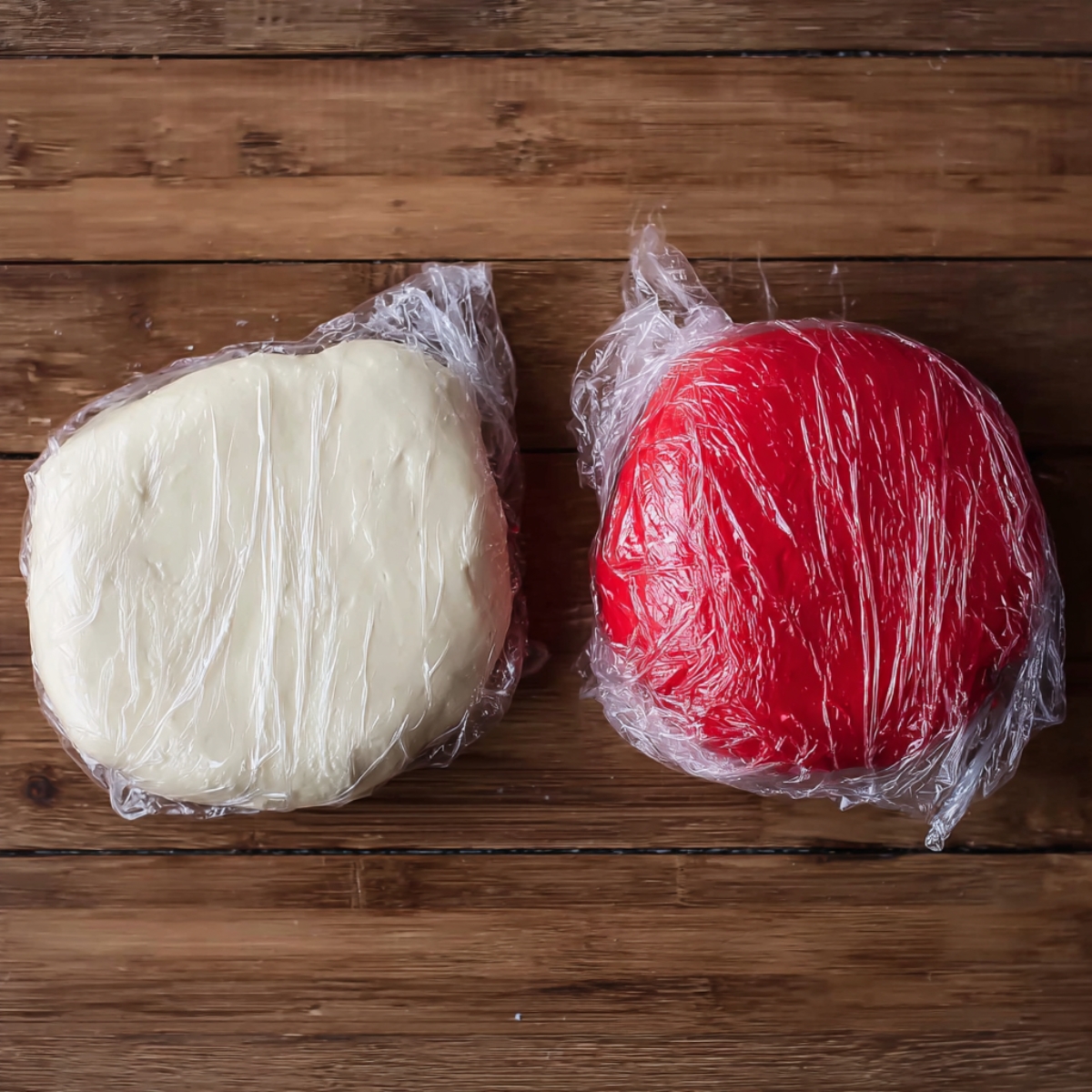 Candy Cane Cookie Recipe | Soft, Festive & Easy to Make 12 "Two portions of dough, one white and one red, wrapped in plastic wrap, prepared for chilling."