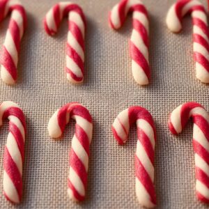 Candy Cane Cookie Recipe | Soft, Festive & Easy to Make 19 "Candy cane-shaped cookies on a baking tray, ready to be baked, with a perfect red and white striped design."
