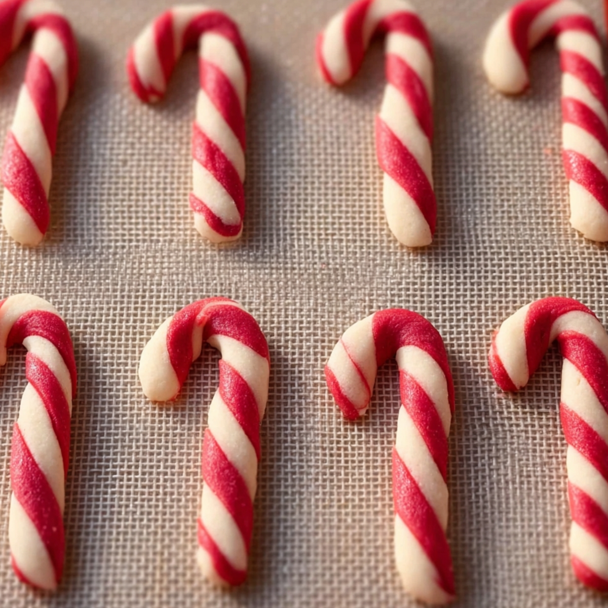 Candy Cane Cookie Recipe | Soft, Festive & Easy to Make 13 "Candy cane-shaped cookies on a baking tray, ready to be baked, with a perfect red and white striped design."