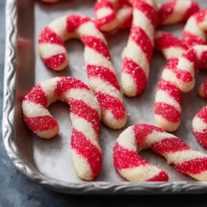 Candy Cane Cookie Recipe | Soft, Festive & Easy to Make 20 "A close-up of freshly baked candy cane-shaped cookies on a tray, glistening with sparkling sugar."