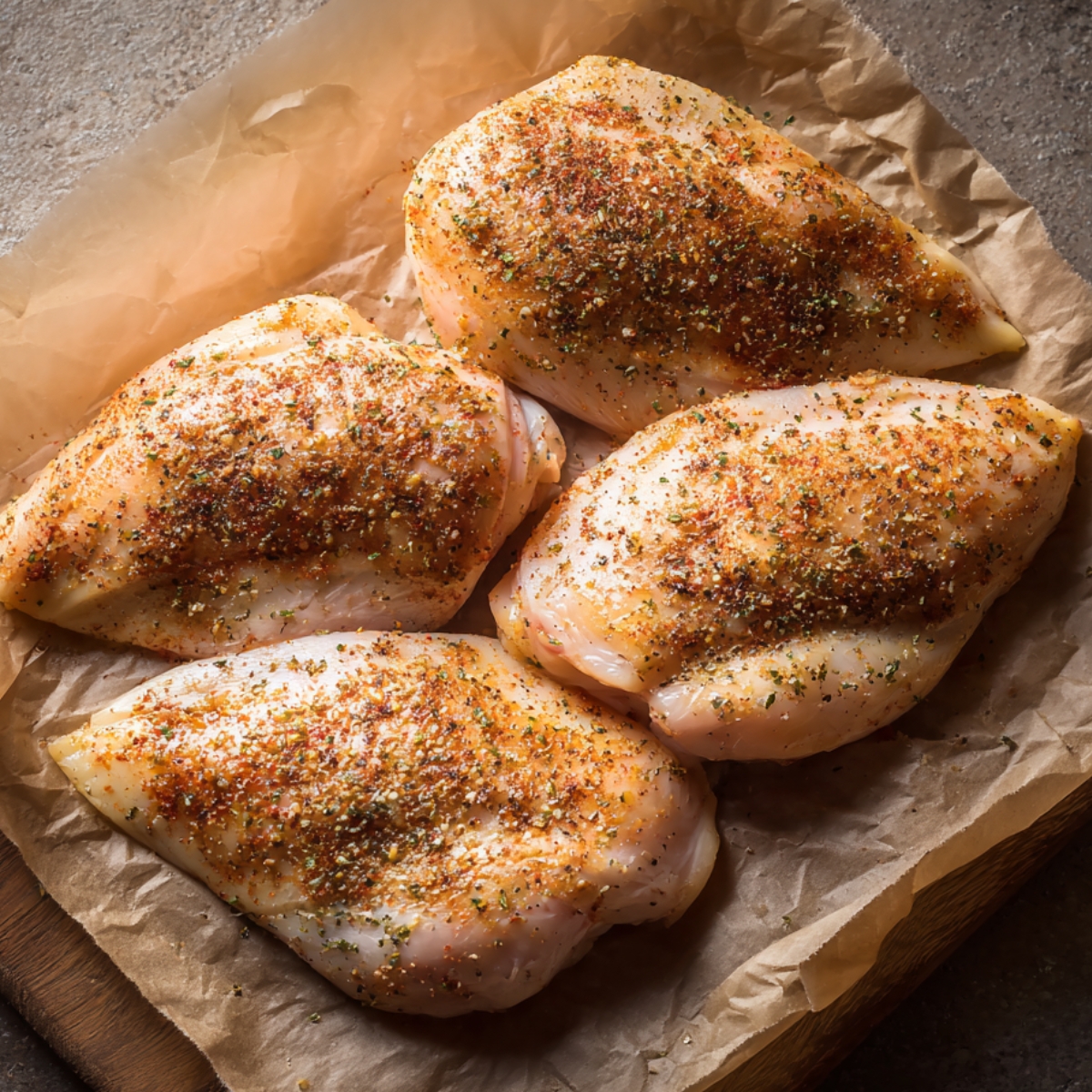 Healthy Chicken Piccata Recipe 10 Four raw chicken breasts on parchment paper, evenly coated with a blend of spices and seasoning, ready to be cooked.