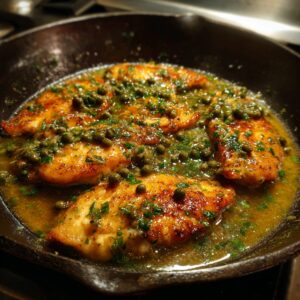 Healthy Chicken Piccata Recipe 17 Golden seared chicken cutlets simmering in a skillet with capers, parsley, and lemon-butter sauce, creating a rich, glossy piccata mixture.