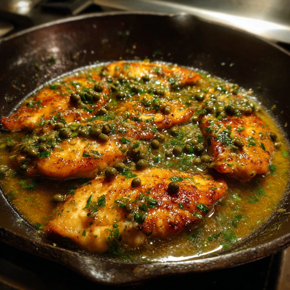 Healthy Chicken Piccata Recipe 12 Golden seared chicken cutlets simmering in a skillet with capers, parsley, and lemon-butter sauce, creating a rich, glossy piccata mixture.