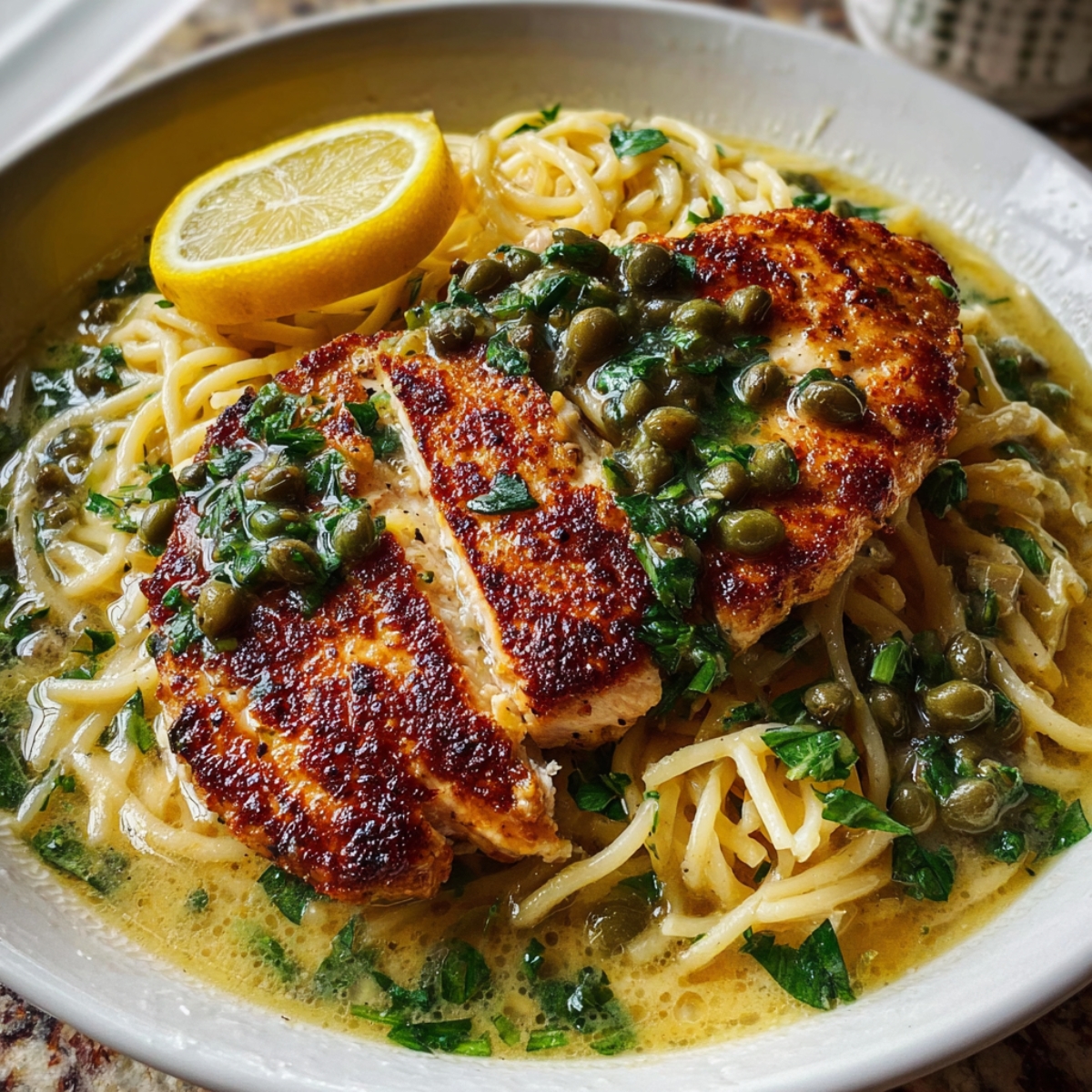 Healthy Chicken Piccata Recipe 13 Sliced pan-seared chicken breast served over spaghetti coated in lemon-caper sauce, garnished with fresh parsley and a lemon slice.
