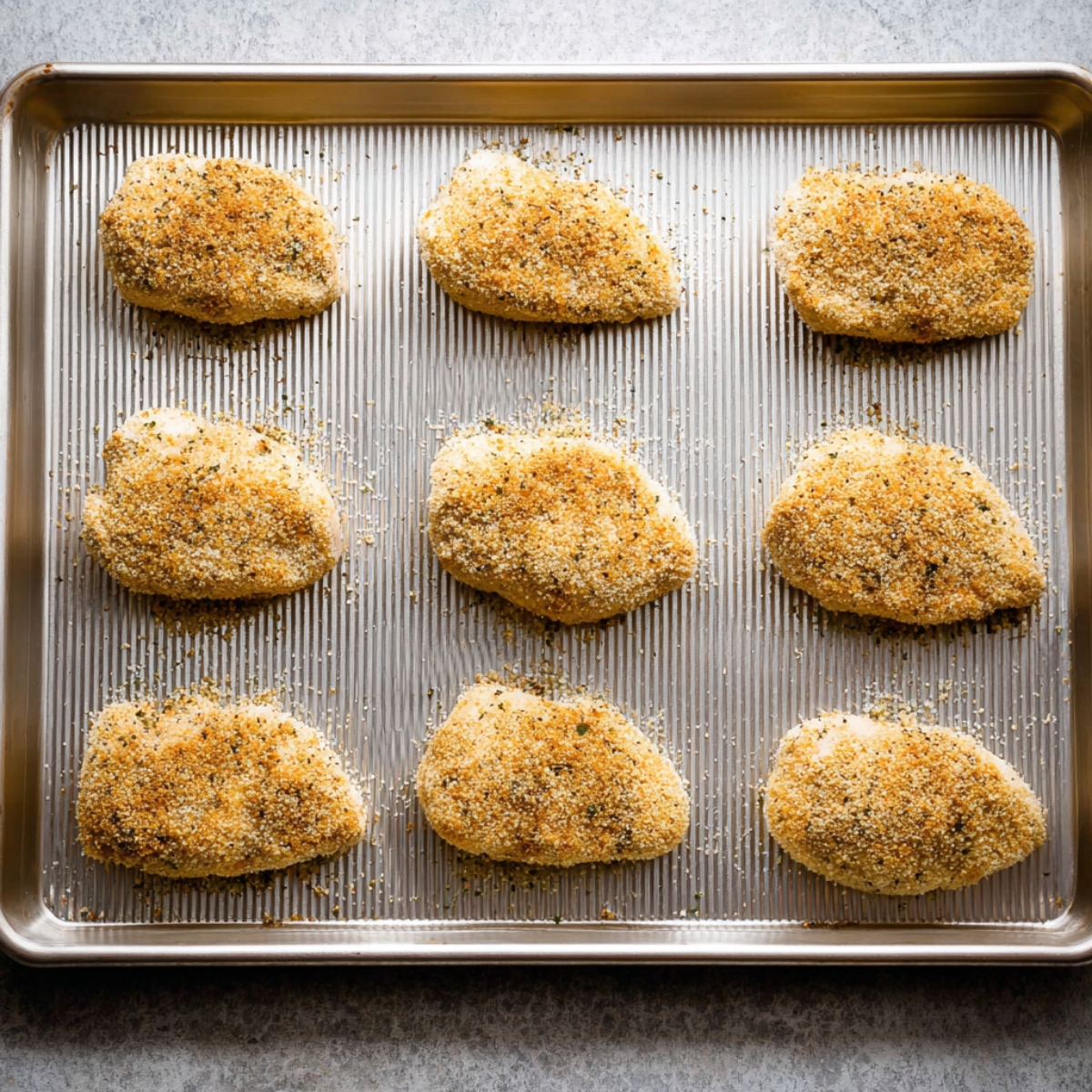 Healthy Chicken Pillows Recipe | Ready in 30 Minutes 12 Breadcrumb-coated chicken pillows arranged evenly on a metal baking sheet before baking.