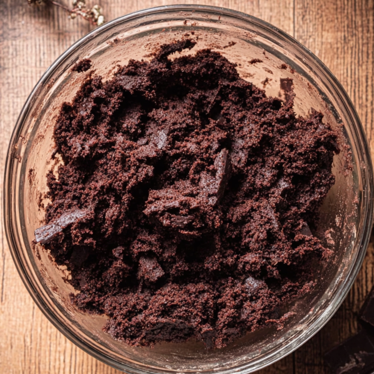 Chocolate Cherry Cookies Recipe | Fudgy & Easy to Make 11 Dark chocolate cookie dough with visible chocolate chunks in a glass bowl on a wooden table.