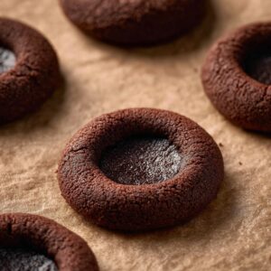 “Baked chocolate thumbprint cookies with empty centers resting on parchment paper.