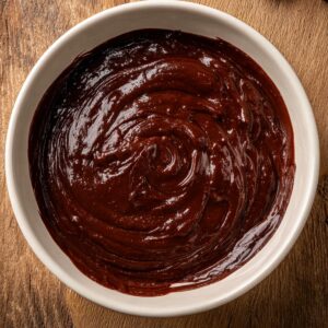 Smooth, glossy chocolate filling swirled in a white bowl on a wooden surface.
