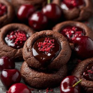 Chocolate thumbprint cookies filled with glossy chocolate and topped with red crumbs, surrounded by fresh cherries.
