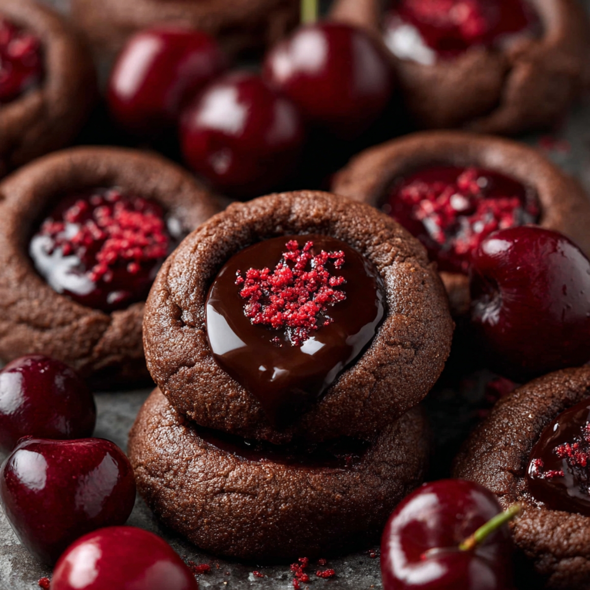 Chocolate Cherry Cookies Recipe | Fudgy & Easy to Make 14 Chocolate thumbprint cookies filled with glossy chocolate and topped with red crumbs, surrounded by fresh cherries.