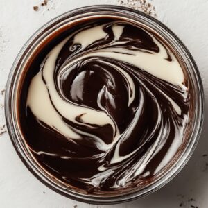 Healthy Chocolate Marshmallow Swirl Cookies Recipe 16 "A close-up of a glass bowl filled with dark chocolate and white chocolate swirling together to create a marbled effect, showing the smooth texture of the mixture."