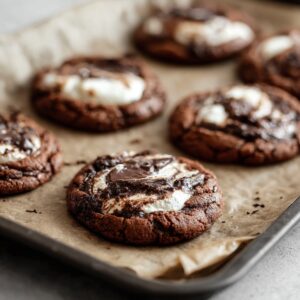 Healthy Chocolate Marshmallow Swirl Cookies Recipe 17 "A baking tray with freshly baked chocolate marshmallow swirl cookies, showcasing the gooey marshmallow centers and rich chocolate swirls on parchment paper."