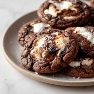 Healthy Chocolate Marshmallow Swirl Cookies Recipe 18 "A close-up shot of freshly baked chocolate marshmallow swirl cookies on a light-colored plate, featuring a blend of gooey marshmallow, melted chocolate, and a sprinkle of sea salt on top."
