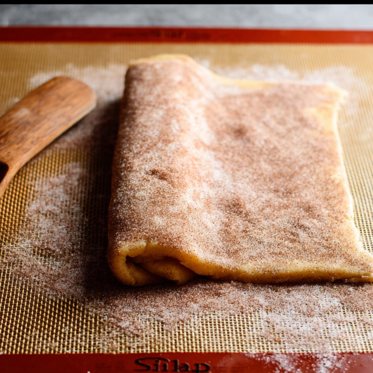 Delicious Cinnamon Roll Cookies Recipe 11 Rolled cookie dough sheet sprinkled with cinnamon-sugar mixture on a silicone mat, partially folded.