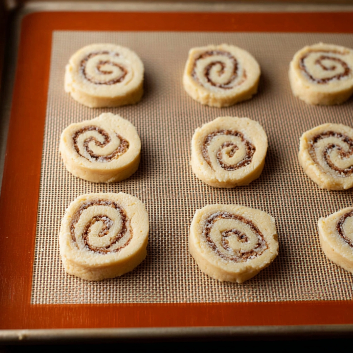 Delicious Cinnamon Roll Cookies Recipe 12 Unbaked cinnamon roll cookie slices arranged evenly on a baking sheet lined with a silicone mat.