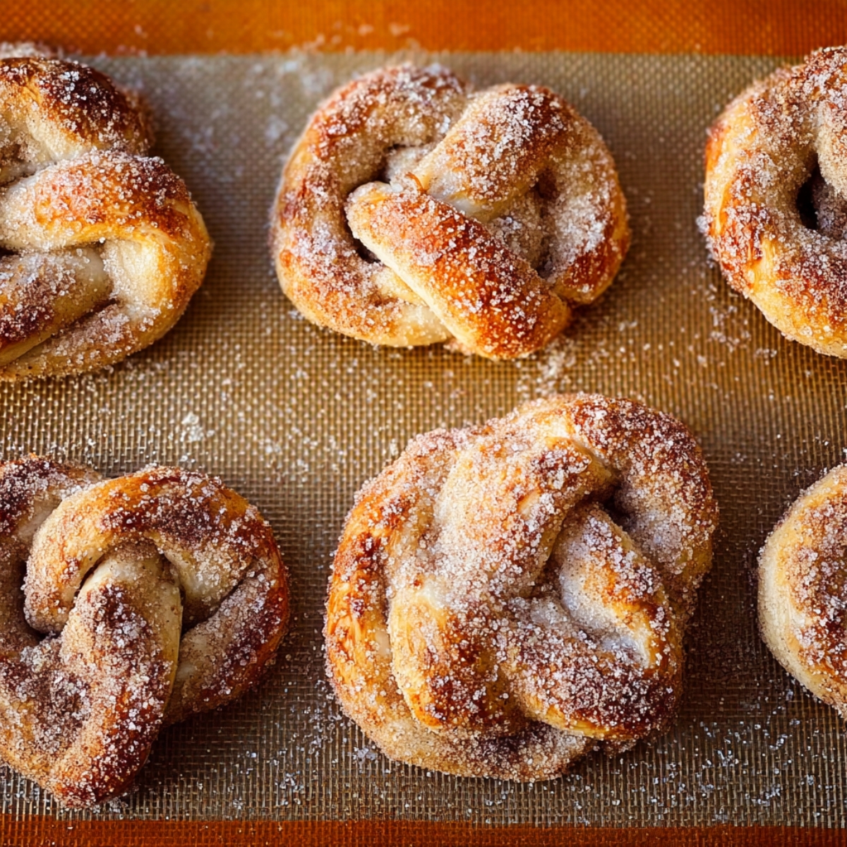Easy Cinnamon Sugar Soft Pretzels | Homemade Recipe 12 “Overhead view of freshly baked cinnamon sugar pretzels on a baking mat, golden brown and dusted with sugar.”
