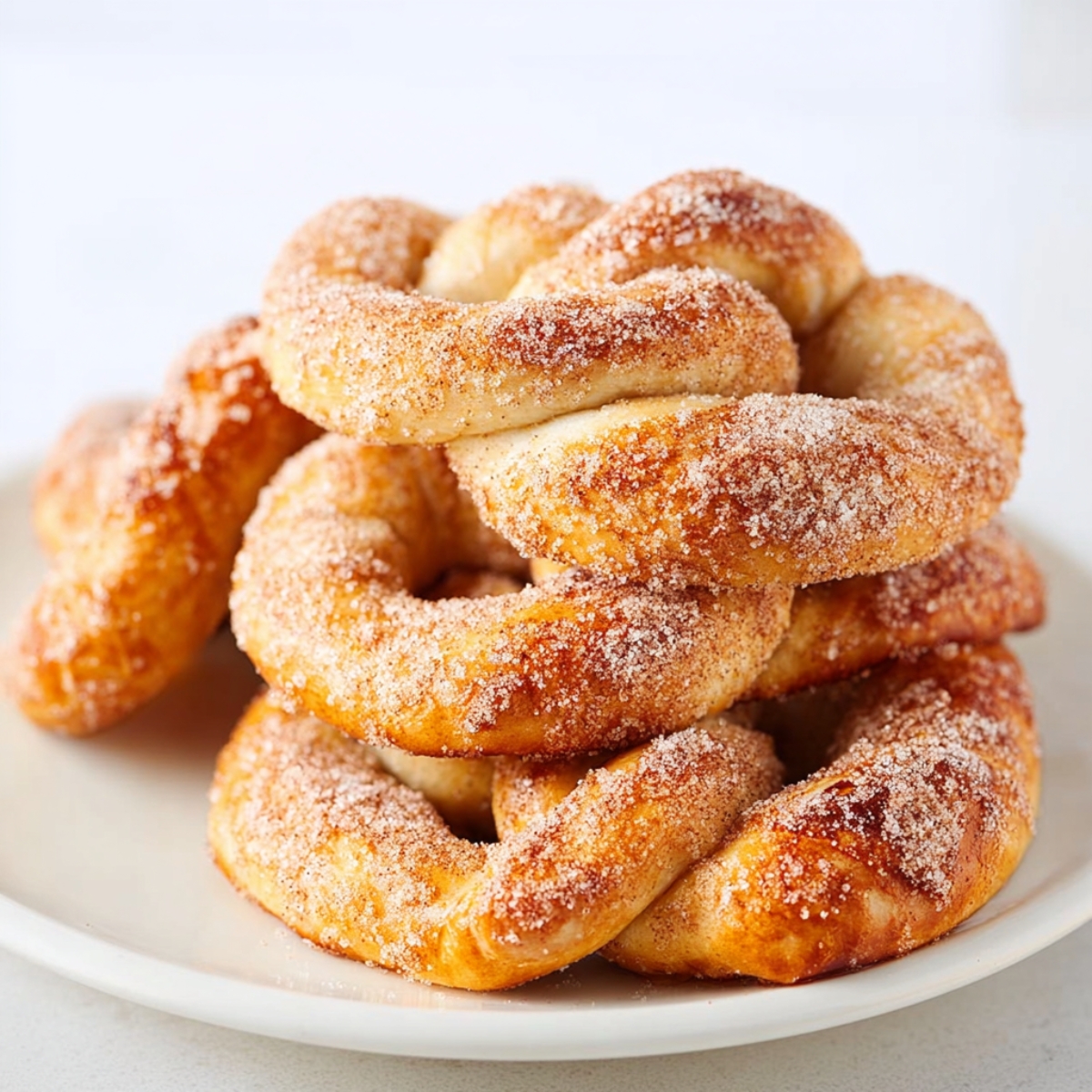 Easy Cinnamon Sugar Soft Pretzels | Homemade Recipe 13 Close-up of soft cinnamon sugar pretzels piled on a plate, showing fluffy texture and sugar coating.