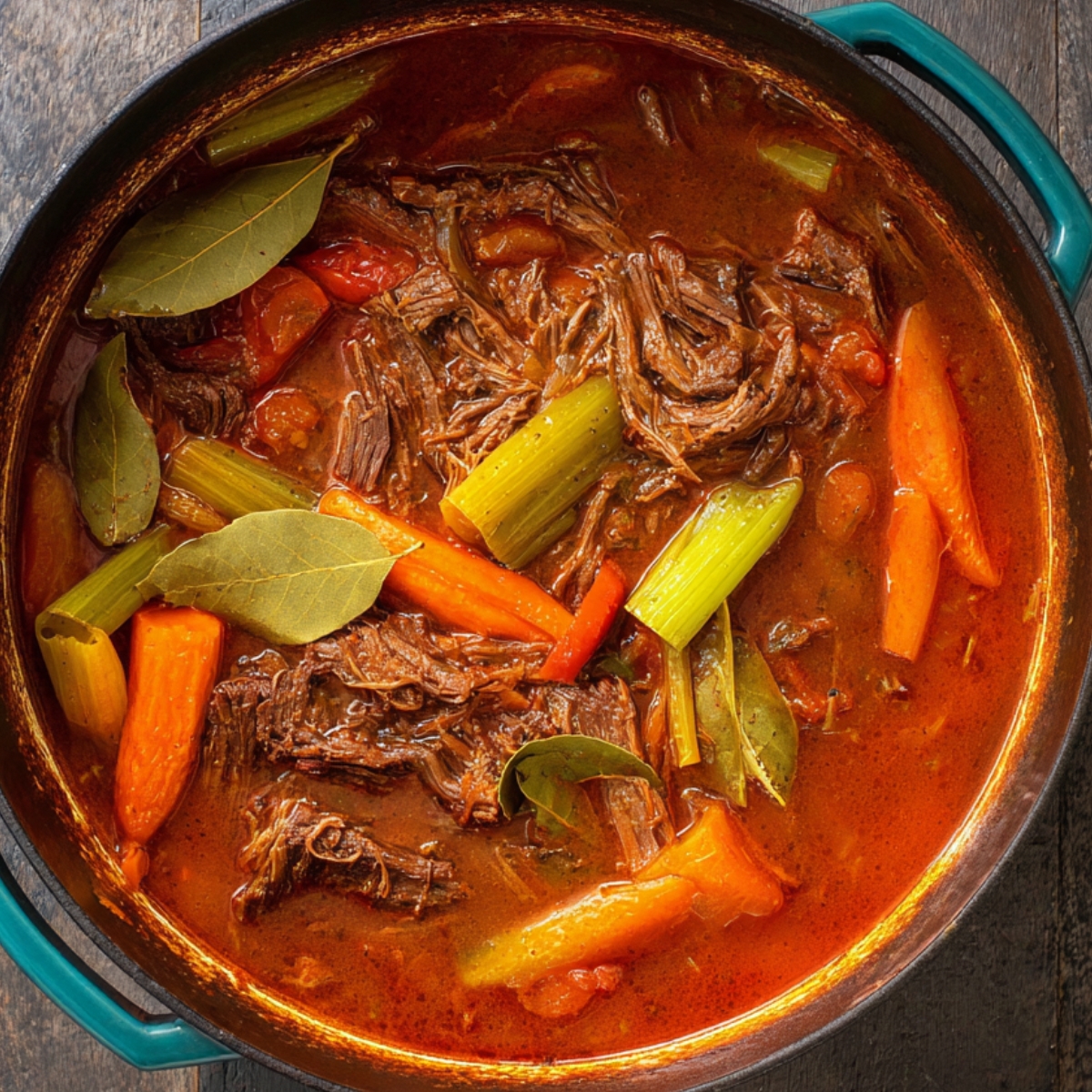 Delicious Cuban Ropa Vieja Recipe 12 Cuban Ropa Vieja simmering in a Dutch oven with shredded beef, carrots, celery, and bay leaves floating in a rich tomato-based sauce.Cuban Ropa Vieja simmering in a Dutch oven with shredded beef, carrots, celery, and bay leaves floating in a rich tomato-based sauce.