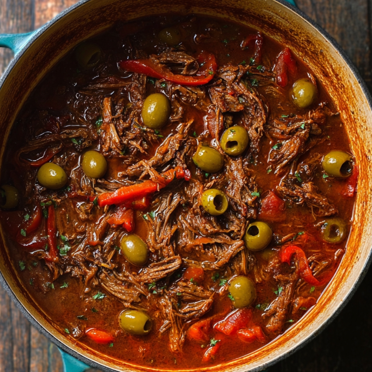 Delicious Cuban Ropa Vieja Recipe 13 Close-up of Cuban Ropa Vieja, showing tender shredded beef mixed with olives, red peppers, and cilantro, ready to be served.