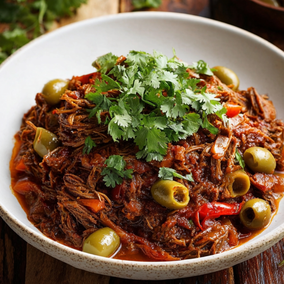 Delicious Cuban Ropa Vieja Recipe 14 A delicious plate of Cuban Ropa Vieja served with shredded beef, green olives, and fresh cilantro on top, all surrounded by a flavorful sauce.