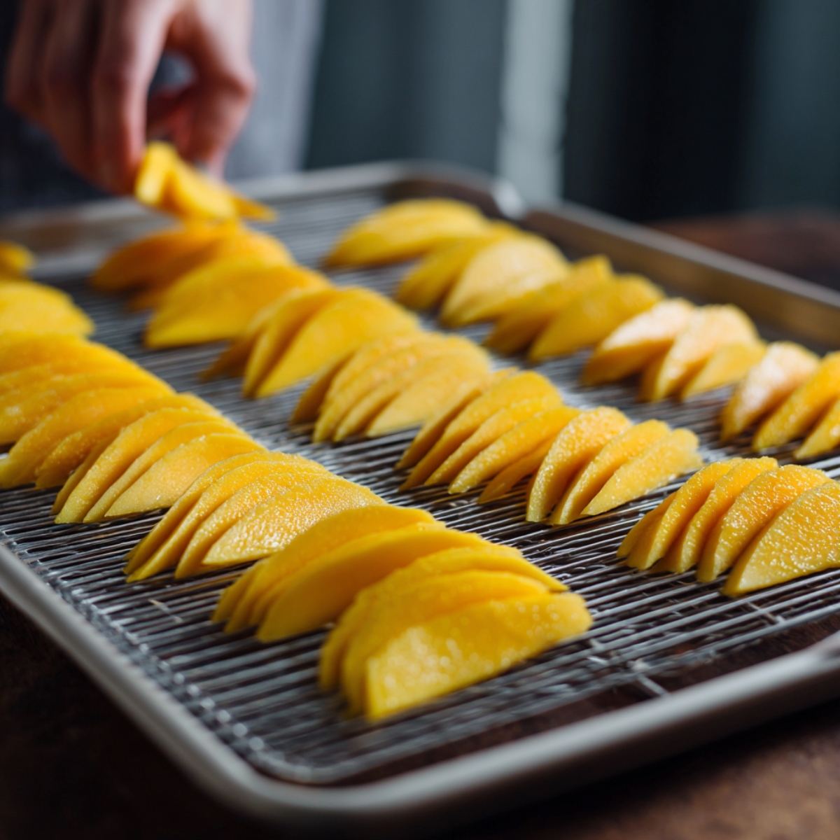 Neatly arranged rows of thin mango slices placed on a wire dehydrator rack, with a hand in the background setting down another slice.